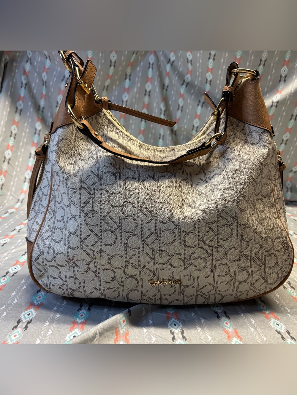 🌀Calvin Klein Beige Monogram Hobo Shoulder Bag